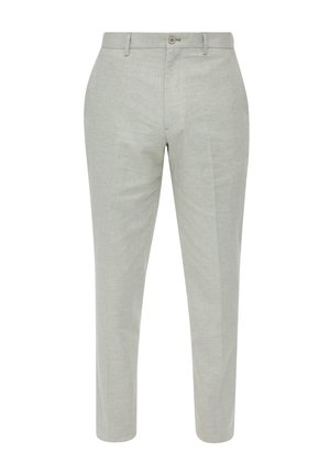 Hellgraue Hose mit dezentem Karomuster, schlanker Schnitt, flacher Vorderseite und Knopf am Bund. Das Material hat eine glatte Textur.