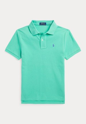 Polo shirt van lichtgroene katoen met een gestructureerde afwerking, voorzien van een knoopsluiting met drie knopen en een geborduurd logo in paars op de linkerborst.