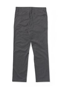 Gray, woven fabric pants with a straight cut. Features two back pockets, subtle texture, and a small logo label on the waistband.
