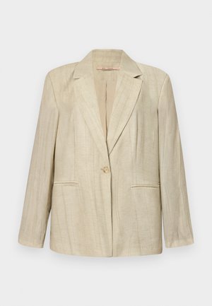 Beige blazer med tilspidset krave, enkelt knaplukning og to frontlommer. Struktureret stof med lodrette striber. Lange ærmer.