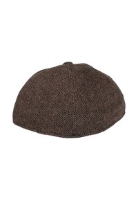 Brown herringbone cap with a round, flat top, textured fabric, and a central button. The design features a subtle pattern for added detail.