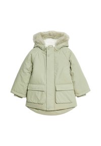 Giacca imbottita di colore verde chiaro con cappuccio foderato in pelliccia sintetica, chiusura frontale completa e due grandi tasche anteriori. Tessuto interno morbido.