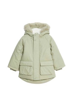 Gepolsterte Outerwear in Hellgrün mit einer mit Kunstpelz gefütterten Kapuze, voller Frontverschluss und zwei großen Fronttaschen. Weicher Innenstoff.