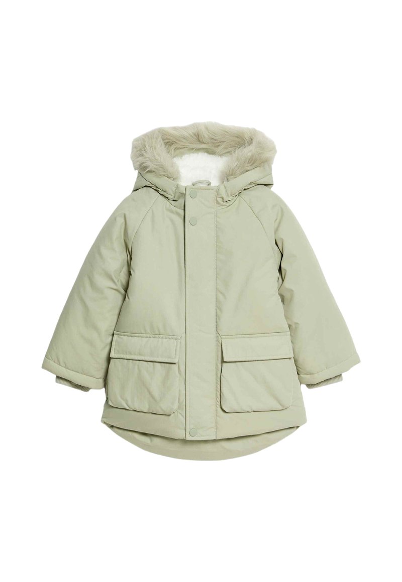 Giacca imbottita di colore verde chiaro con cappuccio foderato in pelliccia sintetica, chiusura frontale completa e due grandi tasche anteriori. Tessuto interno morbido.