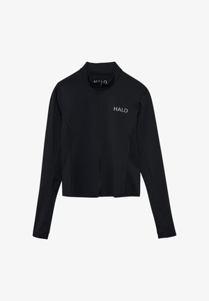 Czarna sportowa kurtka zapinana na zamek z długimi rękawami i dopasowanym krojem. Posiada wysoki kołnierz i małe logo na piersi. Gładka faktura.