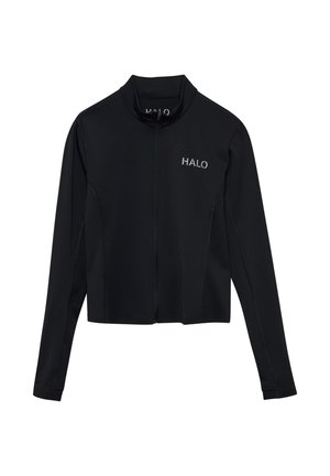 Schwarze Langarm-Jacke mit Reißverschluss, hohem Kragen und „HALO“-Logo auf der linken Brust.