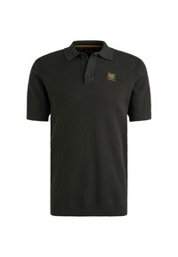 Donkergroene polo met korte mouwen, gemaakt van een gestructureerde stof, met een omgeslagen kraag, een twee-knopen sluiting en een klein logo op de borst.