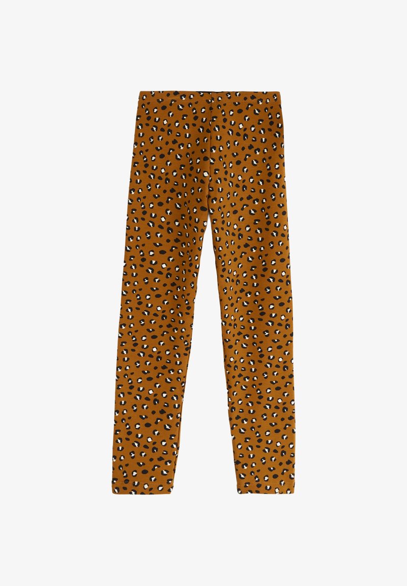 Leggings marron avec un motif léopard en noir et blanc. Fabriqués dans un tissu doux et extensible, présentant une coupe ajustée.