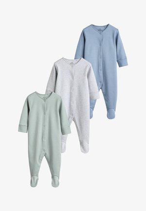 Tre body per neonati in verde chiaro, grigio e blu, realizzati in morbido cotone. Ognuno presenta maniche lunghe, chiusure a pressione e fondo a piedi.
