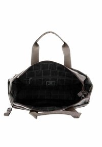 Sac en tissu gris avec deux poignées supérieures, fermeture éclair, et un intérieur noir comportant plusieurs compartiments et une petite poche zippée.