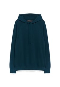 Felpa con cappuccio di un verde scuro, dotata di coulisse, maniche raglan lunghe, polsini e bordo a costine, e una texture morbida, con un branding minimale sull'orlo.