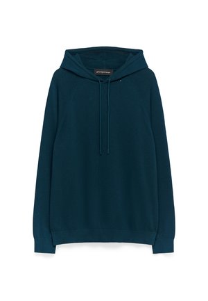 Ciemnozielona bluza z kapturem z sznurkiem, długimi rękawami raglanowymi, ściągaczami na mankietach i u dołu, oraz miękką fakturą, z minimalnym brandingiem na dolnym brzegu.