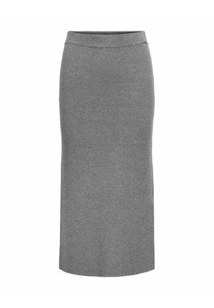 Grå, knälång kjol gjord av mjukt, stretchigt tyg, med ett ribbat midjeband och en enkel, ren design utan synliga mönster.