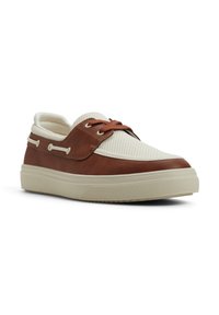 Bruna läder- och beige mesh-sneakers med rundad tå, perforerat överdel, dekorativa snören och en texturerad gummisula.