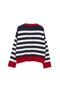 Maglione a righe blu navy e bianche con orlo e collo a coste rossi. Presenta dettagli con bottoni su una spalla. Design cropped e dalla vestibilità ampia.