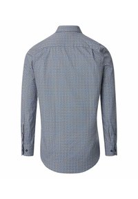 Blauw overhemd met lange mouwen featuring een patroon van kleine oranje en witte vierkanten. Klassieke kraag en knoopmanchetten. Zachte textuur.