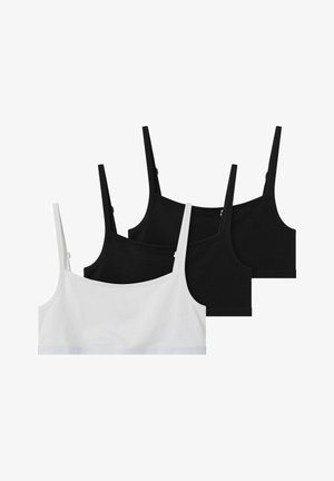 Tres sujetadores sin costuras en blanco y negro, con tirantes ajustables, material de algodón suave y un escote curvado con una banda horizontal.