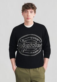 Jeune homme aux cheveux bouclés portant un pull noir avec le logo "Dickies" et un pantalon vert olive, les mains dans les poches, fond neutre.