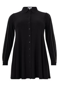 Zwarte overhem shirt met lange mouwen, een kraag en zijsteeks-details. Gemaakt van een gladde stof, met een relaxte pasvorm en een uitlopende zoom.