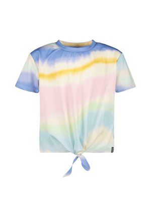 Korte mouwen overhemd met een knoop aan de voorkant en pastelkleurige tie-dye strepen in blauw, geel, roze en groen op een witte achtergrond.