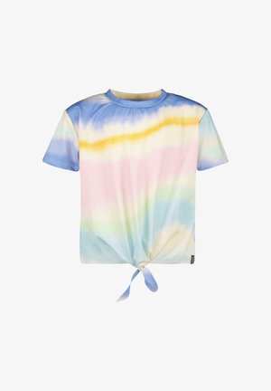 Korte mouwen overhemd met een knoop aan de voorkant en pastelkleurige tie-dye strepen in blauw, geel, roze en groen op een witte achtergrond.