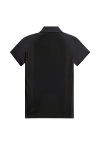 Czarna koszulka polo z krótkim rękawem, z kołnierzykiem, teksturowanymi panelami siateczkowymi oraz gładkim materiałem, podkreślająca przewiewność i komfort.