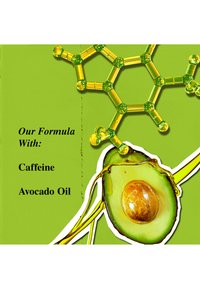 Grüner Hintergrund mit einer Avocadohälfte, die einen braunen Kern zeigt. Darüber befindet sich eine molekulare Struktur in Gelb. Der Text listet Koffein und Avocadoöl auf.