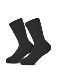 Calze in cotone nere con bordino a costine. Lunghezza a metà polpaccio, texture liscia e design della punta senza cuciture. Adatte per abbigliamento casual e formale.