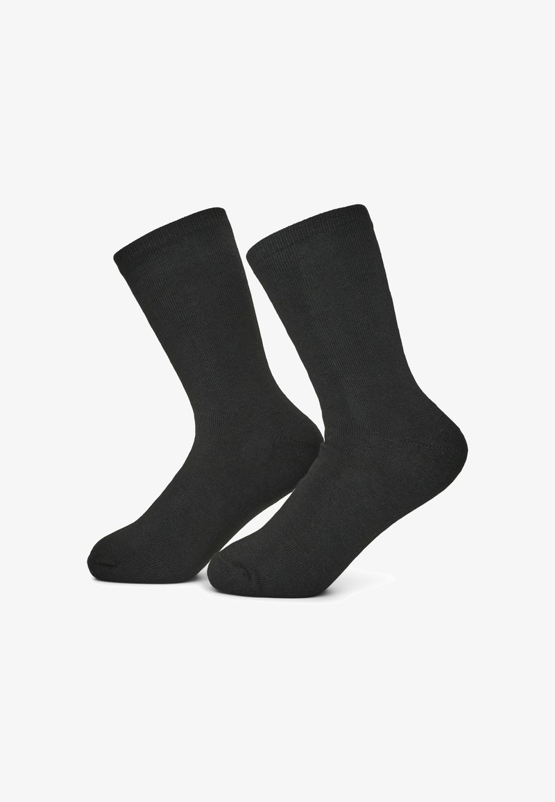 Calze in cotone nere con bordino a costine. Lunghezza a metà polpaccio, texture liscia e design della punta senza cuciture. Adatte per abbigliamento casual e formale.