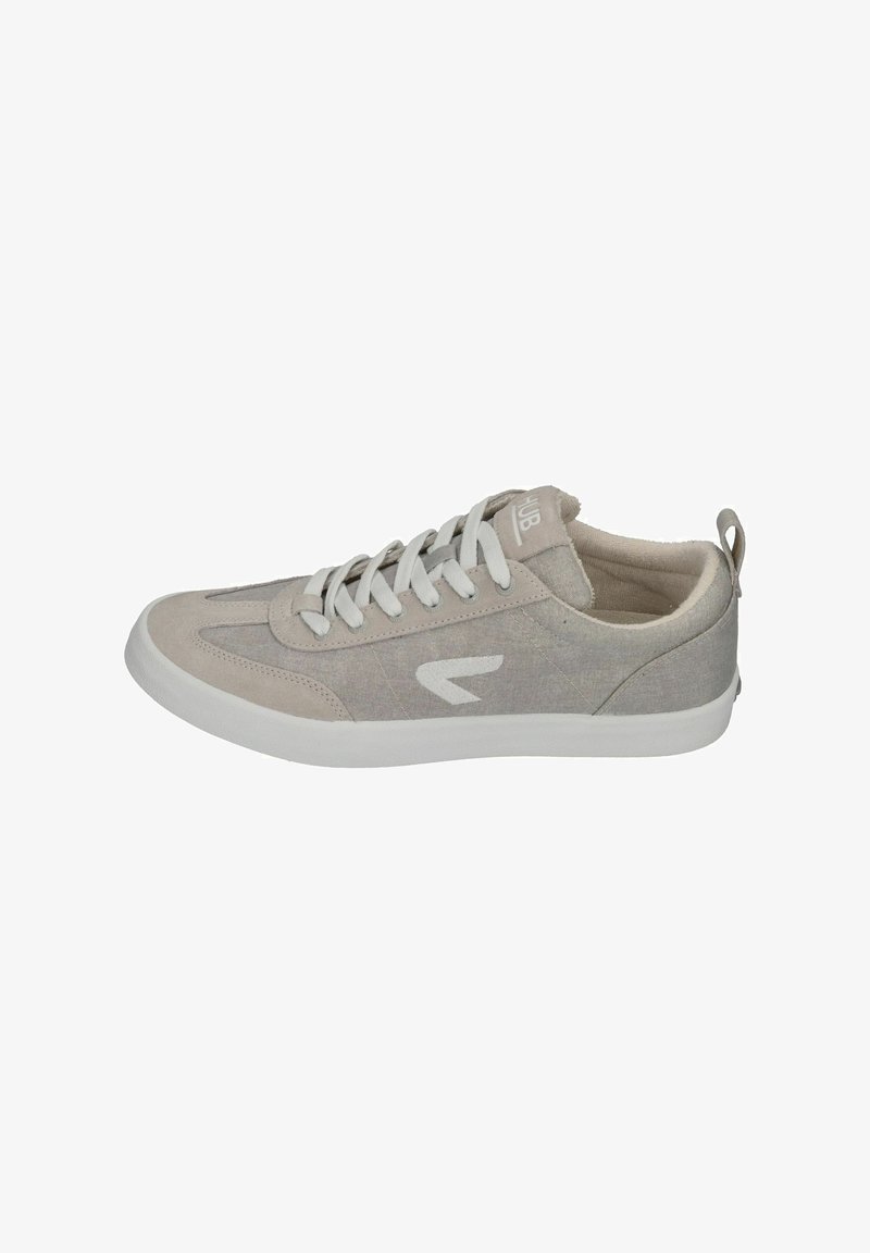 Light gray sneaker with a textile upper, lace-up design, white rubber sole, and rear pull tab. Features a logo on the tongue and side.