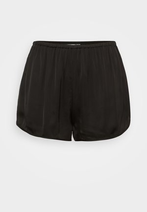 Black satin shorts with an elastic waistband, featuring a pleated design. The edges are rounded for a loose fit and smooth texture.