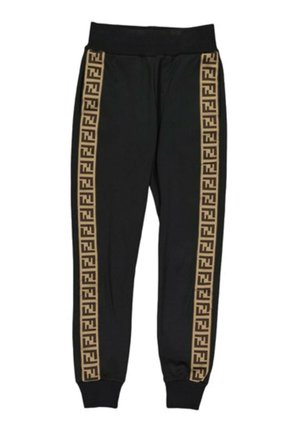 Sorte joggebukser med elastiske manchetter og linning, med brune sidelister dekoreret med gentagne geometriske mønstre.