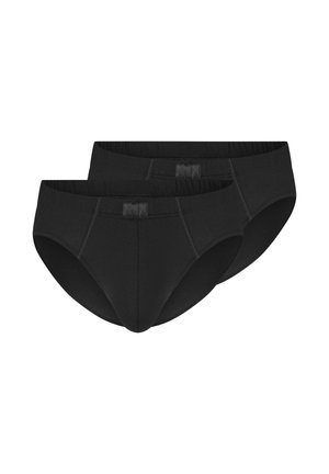 Two black men's briefs with elastic waistbands, displayed overlapping against a white background.