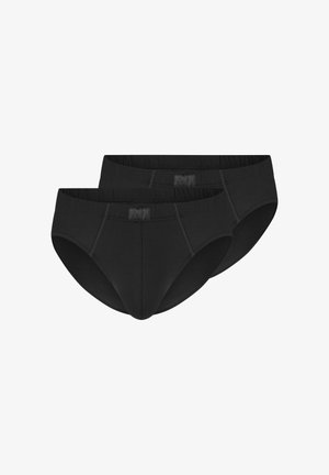 Zwei schwarze Herren-Slips mit elastischem Bund, überlappend vor weißem Hintergrund dargestellt.