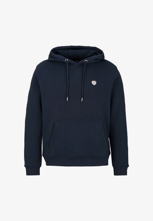 Granatowa bluza z kapturem, z kieszenią z przodu, kaptur z troczkiem, ściągacze na rękawach i małe białe logo na lewej piersi.