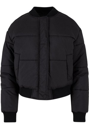Jacket puffer scurt negru cu țesătură netedă, guler și manșete cu nervuri, prezintă panouri cusute orizontal și două buzunare laterale.