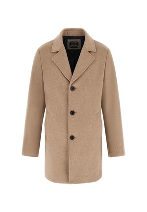 Jednoredni kaput od kamelove vune s reverima i tri crna dugmeta, s crnim unutarnjim podstavljanjem i dvije bočne džepove.