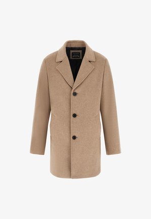 Ein einreihiger Mantel aus Kamelwolle mit Reverskragen und drei schwarzen Knöpfen, ausgestattet mit einem schwarzen Innenfutter und zwei seitlichen Taschen.