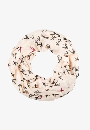 Écharpe infinie beige clair avec motifs d'hirondelles noires et rouges, disposée en forme circulaire lâche.