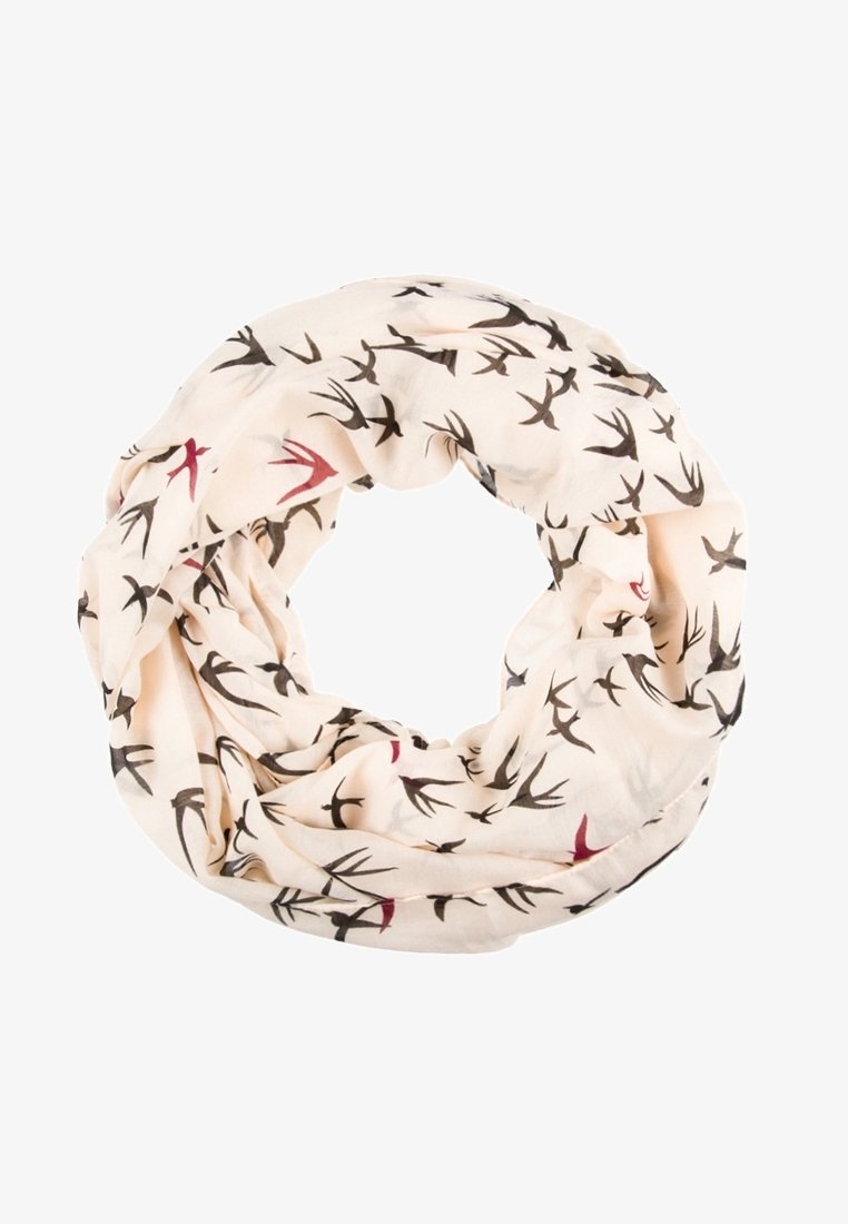 Écharpe infinie beige clair avec motifs d'hirondelles noires et rouges, disposée en forme circulaire lâche.