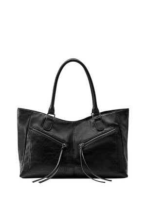 Sac à main en cuir noir avec deux poches avant zippées et deux bandoulières, présenté sur fond blanc.