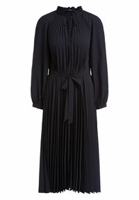 Robe midi noire à manches longues avec un devant plissé, un col froncé avec noeud et une ceinture à la taille nouée en un arc.