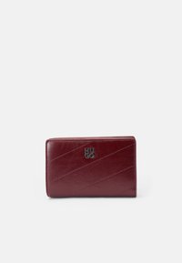 Burgundy leather wallet featuring diagonal stitching, a smooth texture, and a silver "HUGO" logo on the front. Compact rectangular shape.