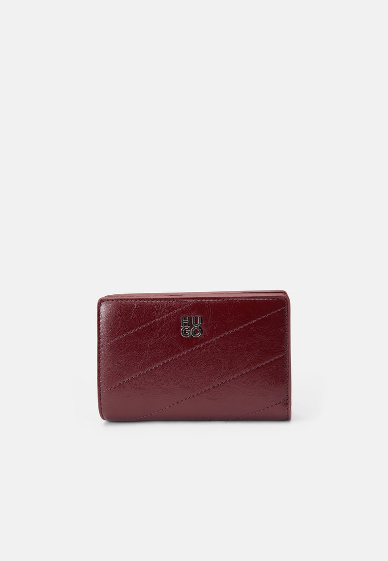 Burgundy leather wallet featuring diagonal stitching, a smooth texture, and a silver "HUGO" logo on the front. Compact rectangular shape.