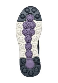 Suola della scarpa con un design segmentato in gomma bianca, viola e nera, con pattern circolari e elementi in rilievo per la presa.