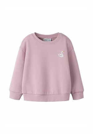 Roze sweatshirt gemaakt van een katoenmix, met een ronde halslijn en geribbelde manchetten. Heeft een klein geborduurd zwaanmotief op de voorkant.