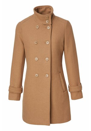 Manteau en laine marron avec un col haut, fermeture à double boutonnage, poches latérales et poignets retroussés. Caractérisé par une texture lisse.