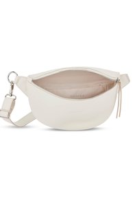 Geantă crossbody din piele albă cu o formă curbată, închidere cu fermoar în partea de sus, curea ajustabilă și logo-ul mărcii embosat în interior.