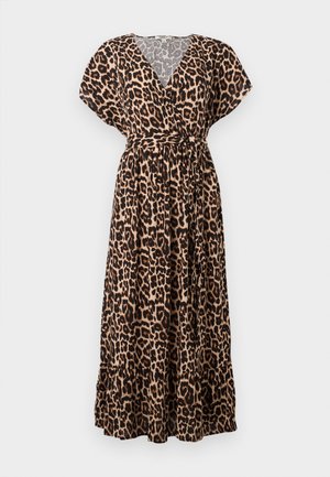 Robe maxi imprimé léopard avec décolleté en V, manches courtes, ceinture à la taille et ourlet tiercé. Fabriquée en tissu léger avec une coupe décontractée.