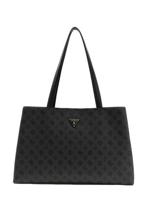 Sac cabas noir avec un motif texturé, doubles anses d'épaule et une plaque logo à l'avant. Forme rectangulaire robuste et finition en tissu doux.